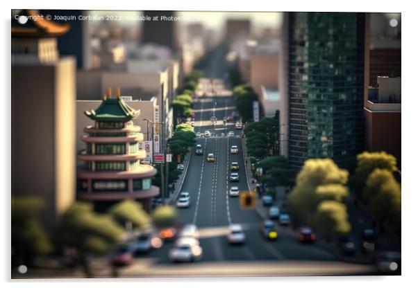 A typical street in an Asian city, in tiltshift style, with narr Acrylic by Joaquin Corbalan