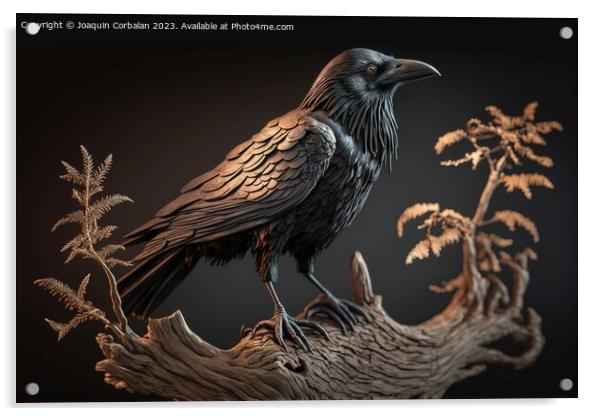 A large raven perches atop a branch, its black feathers and shar Acrylic by Joaquin Corbalan