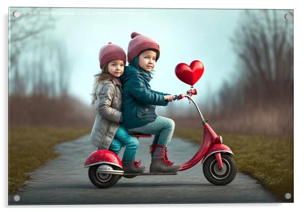 A boy and a girl ride a vintage motorcycle, with a romantic and  Acrylic by Joaquin Corbalan