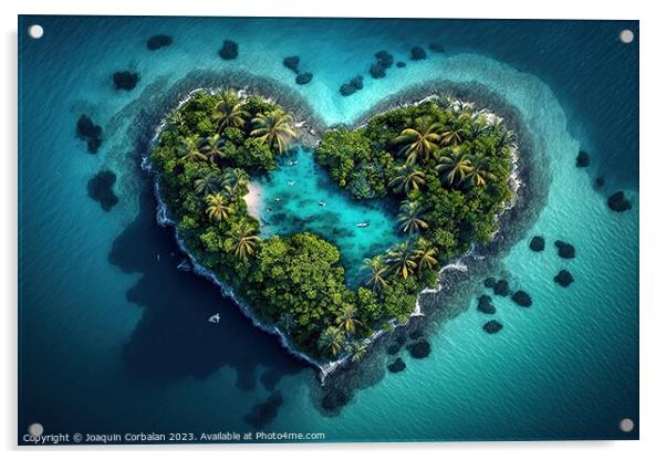Beautiful tropical island in the shape of a heart. Ai generated. Acrylic by Joaquin Corbalan
