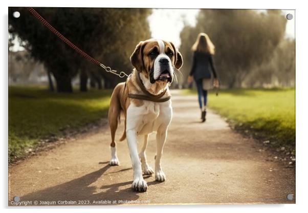 A woman walks her dog through a city park, on a leash. Ai genera Acrylic by Joaquin Corbalan