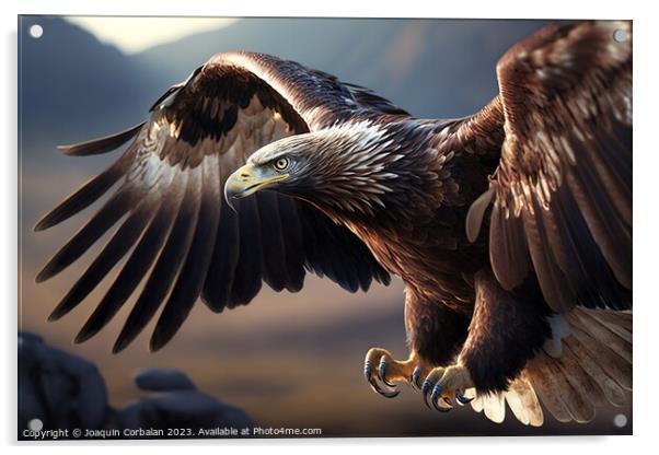 An eagle flies beautifully, close-up of the head.  Acrylic by Joaquin Corbalan