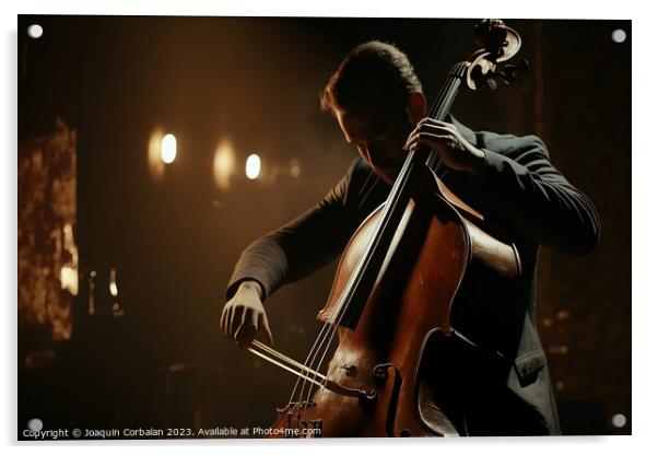 Classical musician playing a double bass at an evening concert.  Acrylic by Joaquin Corbalan