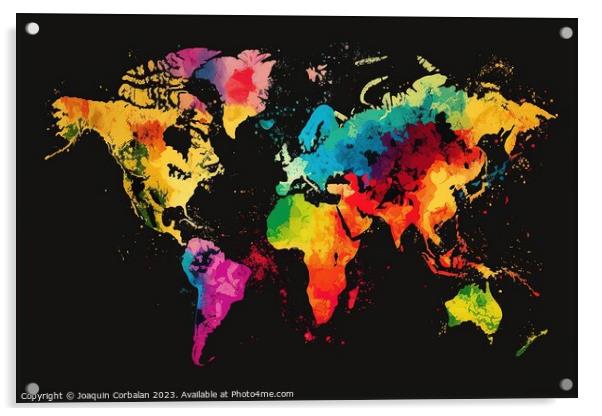 World map, planisphere, with a black background and colorful rel Acrylic by Joaquin Corbalan