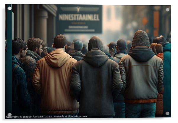 Line of people waiting their turn to receive help, poor marginal Acrylic by Joaquin Corbalan