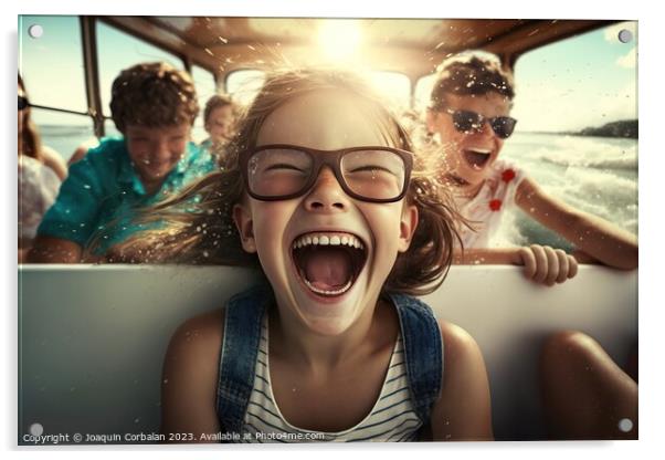A girl squeals with joy during a car ride on vacation. Ai genera Acrylic by Joaquin Corbalan