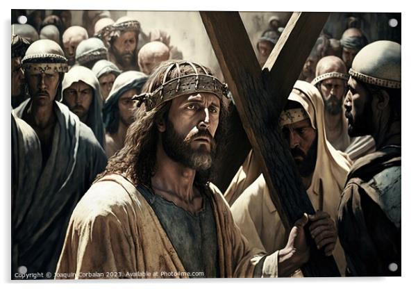 Illustration of the Passion of Christ, carrying the cross and su Acrylic by Joaquin Corbalan