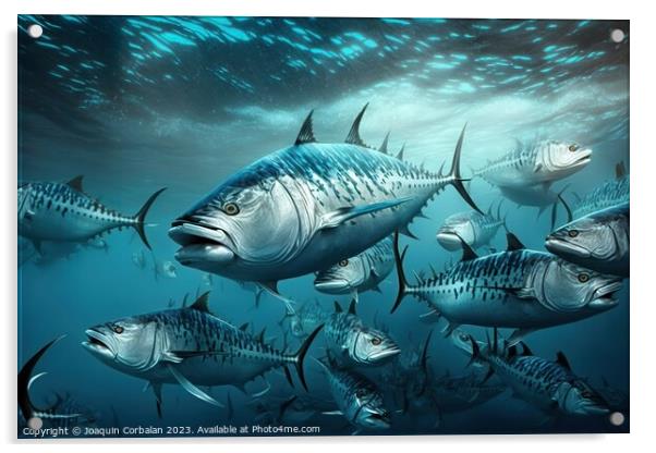 School of large tunas in the sea. Ai generated. Acrylic by Joaquin Corbalan