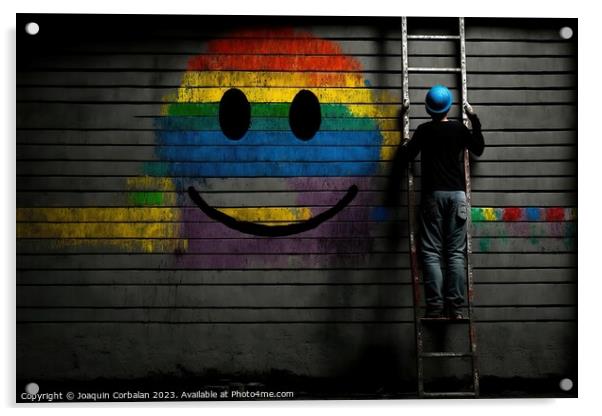 A worker on a ladder paints a smiley face on a wall. Ai generate Acrylic by Joaquin Corbalan