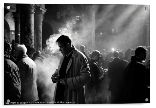 Documentary street photography of men gathered in a church squar Acrylic by Joaquin Corbalan
