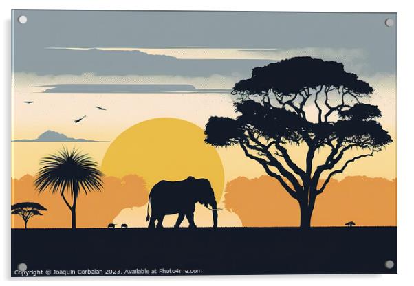 Illustration of sunset in the savannah, silhouette Acrylic by Joaquin Corbalan