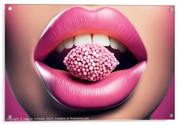 Sensual pink female lips bite a candy. Ai generated. Acrylic by Joaquin Corbalan