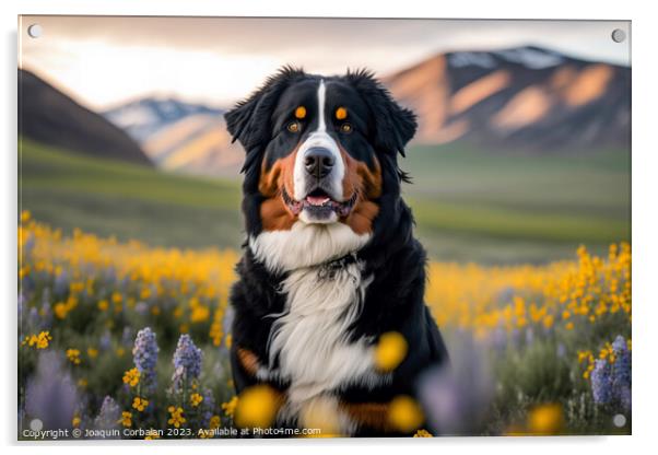 Portrait of a calm dog Bernese in a flowery meadow Acrylic by Joaquin Corbalan