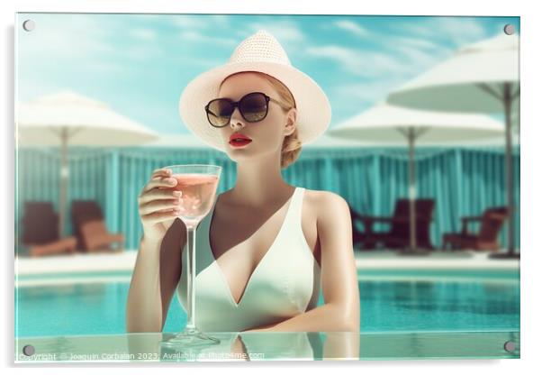 Vintage style woman, with a very elegant swimsuit and hat, has a Acrylic by Joaquin Corbalan