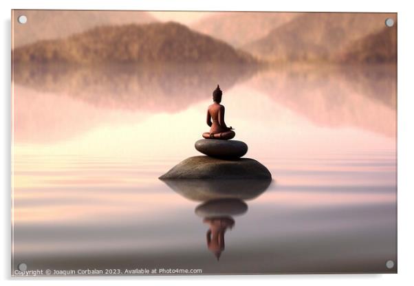 A sculpture with pebbles in a calm lake and a small meditating z Acrylic by Joaquin Corbalan
