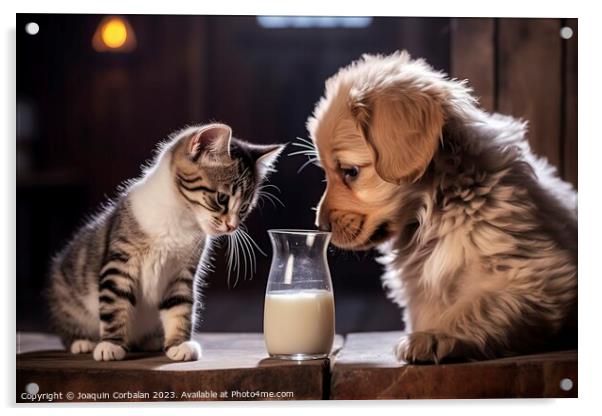 camaraderie, the cat generously shares its milk wi Acrylic by Joaquin Corbalan