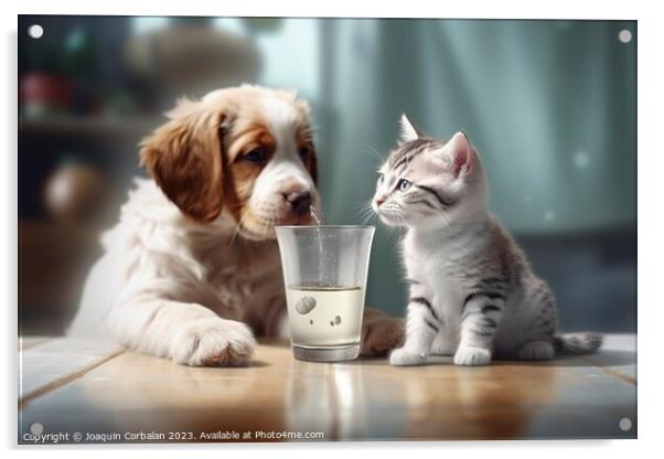 A cat shares its milk with its friend the dog. Ai generated. Acrylic by Joaquin Corbalan