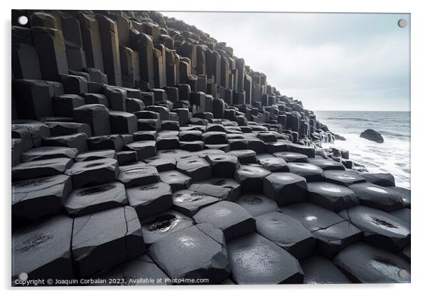 Blocks of black basalt, geometrically shaped rocks on the coast. Acrylic by Joaquin Corbalan
