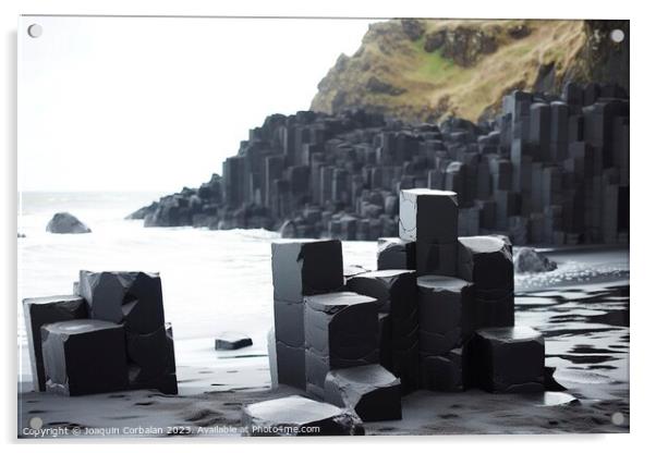 blocks of black basalt stand as striking geometric formations, c Acrylic by Joaquin Corbalan