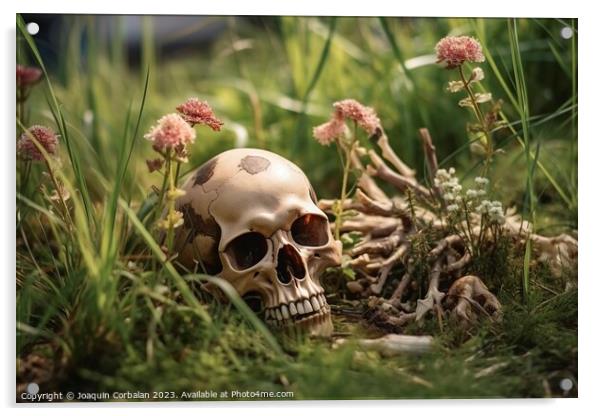 Among the grass of an abandoned orchard, a human skull terrifies Acrylic by Joaquin Corbalan