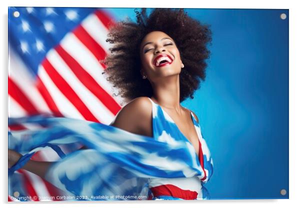 African American woman poses proudly with the American flag. Ai  Acrylic by Joaquin Corbalan