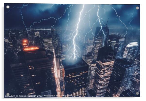 As bolts of lightning illuminate the night sky, a powerful displ Acrylic by Joaquin Corbalan