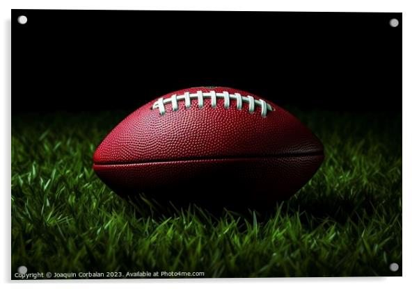 A well-worn American football rests on the lush green grass of a Acrylic by Joaquin Corbalan