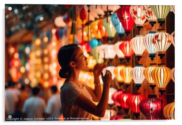 A Vietnamese woman carefully selects and orders beautifully lit  Acrylic by Joaquin Corbalan