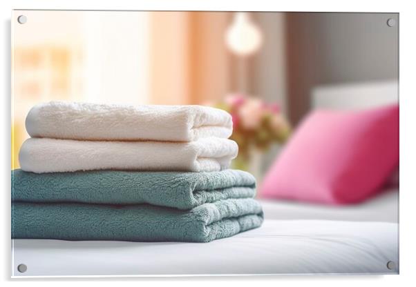 Neatly folded towels in a bright hotel room. Ai generated. Acrylic by Joaquin Corbalan