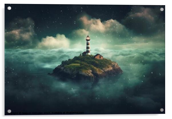 A dream island, at night, floating in a cloud of steam surrounded by the ocean. Ai generated. Acrylic by Joaquin Corbalan