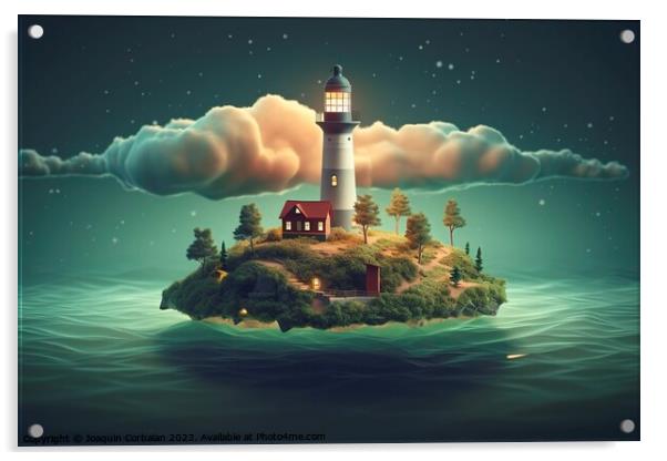 A dream island, at night, floating in a cloud of steam surrounded by the ocean. Ai generated. Acrylic by Joaquin Corbalan