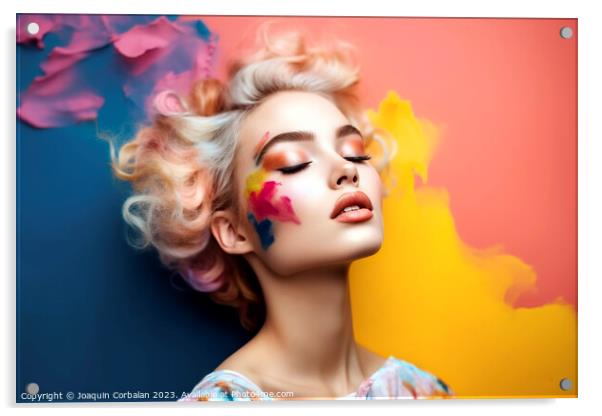 Young female model with colorful makeup against a vibrant painte Acrylic by Joaquin Corbalan