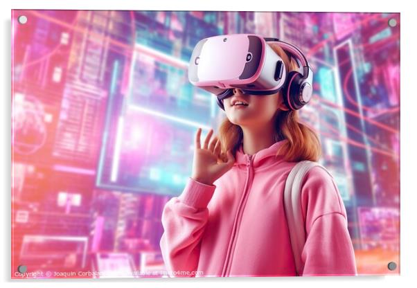 oung girl explores virtual reality shopping experience with futuristic glasses. AI Generated Acrylic by Joaquin Corbalan
