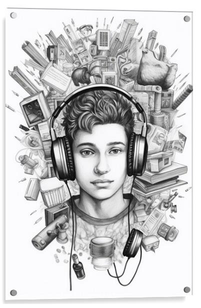 Pencil illustration, vertical, of a teenager listening to music. AI generated. Acrylic by Joaquin Corbalan