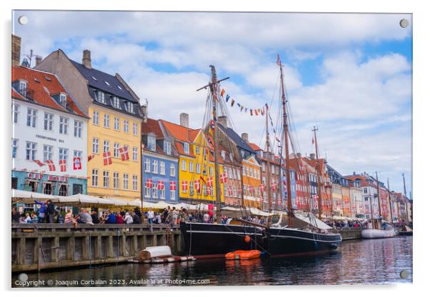Copenhagen, Denmark - August 8, 2023: The most famous canal in Copenhagen with its quaint colorful houses overlooking the docked sailboats. Acrylic by Joaquin Corbalan