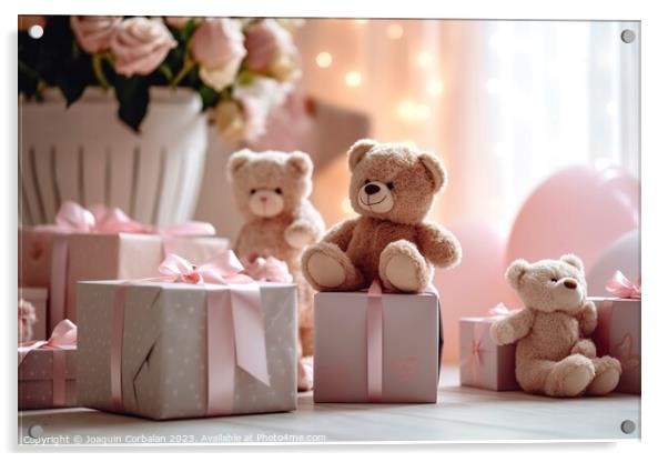 Many gifts in pink boxes and stuffed animals, exce Acrylic by Joaquin Corbalan