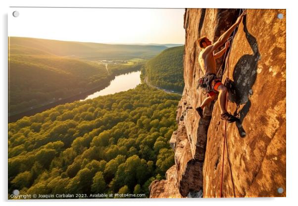An athlete, man, climbing a bare rock wall on a ve Acrylic by Joaquin Corbalan
