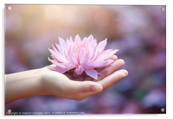 Hand holds a delicate lotus flower, peace and harm Acrylic by Joaquin Corbalan