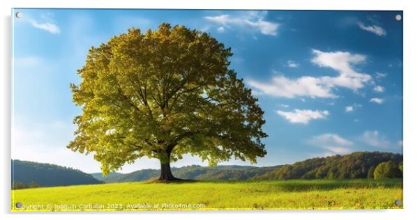 In the serene countryside, a majestic maple tree stands tall in a lush meadow under a captivating blue sky Acrylic by Joaquin Corbalan