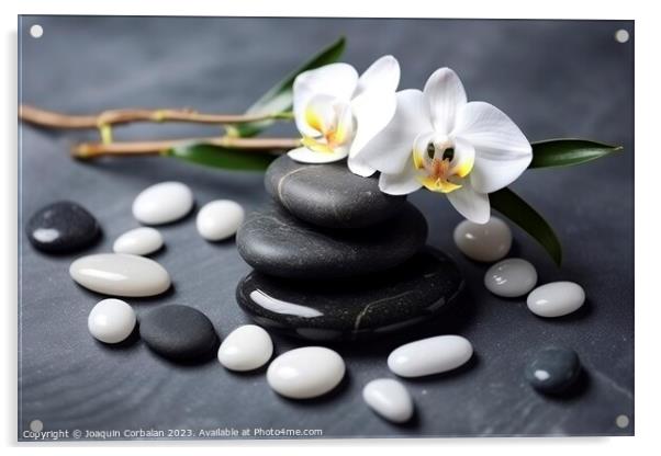 Black and white stones and flowers on a smooth, po Acrylic by Joaquin Corbalan