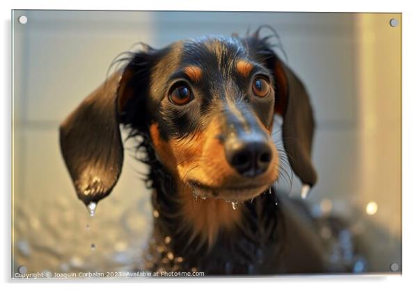 Dachshund breed, this dog takes a cleaning bath. Acrylic by Joaquin Corbalan
