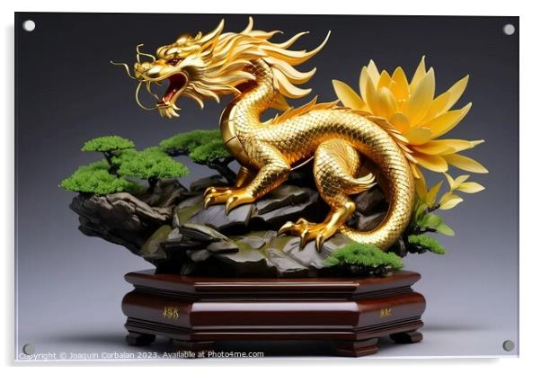 Sculpture of an Asian style golden dragon on a wooden platform. Acrylic by Joaquin Corbalan