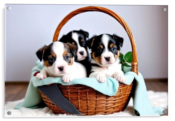Adorable puppies in a wicker basket. Acrylic by Joaquin Corbalan