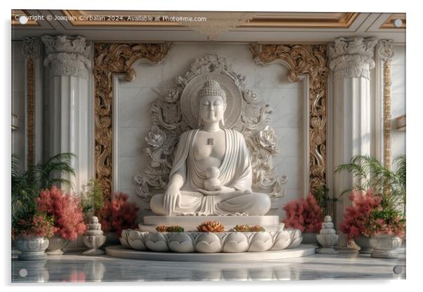Buddha statue in white marble, with flower offerin Acrylic by Joaquin Corbalan