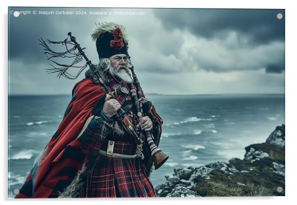 A traditional Scottish bagpiper, in full dress, ne Acrylic by Joaquin Corbalan