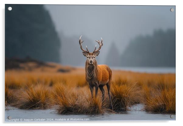 Red deer shows off its antlers on the Scottish moo Acrylic by Joaquin Corbalan