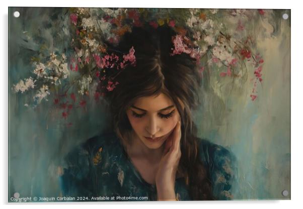 A painting depicting a woman with flowers adorning Acrylic by Joaquin Corbalan