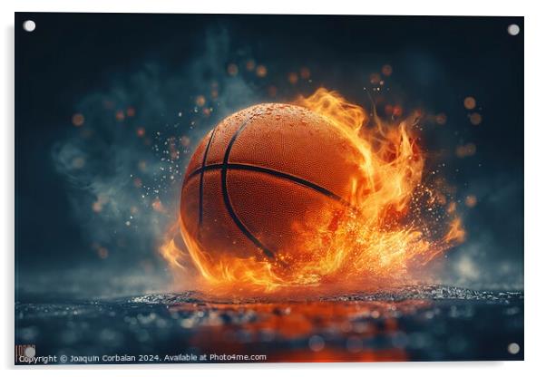 A basketball engulfed in flames stands out against Acrylic by Joaquin Corbalan