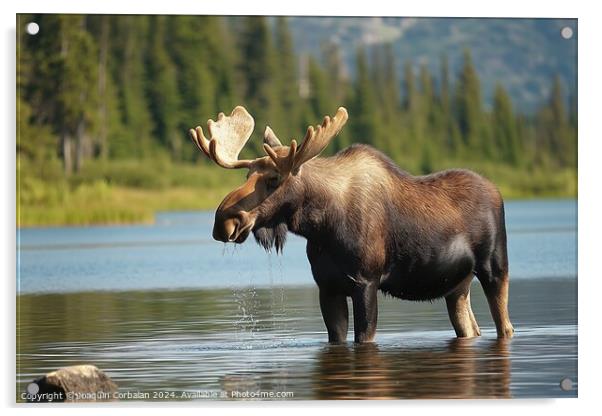 A moose is captured in this photo standing in the  Acrylic by Joaquin Corbalan