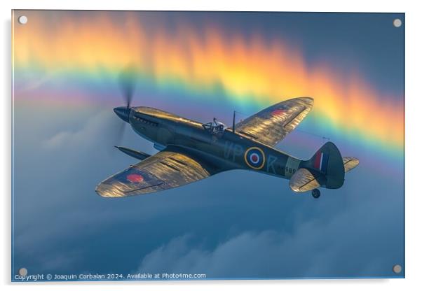 A spitfire plane soars through the sky as a vibran Acrylic by Joaquin Corbalan